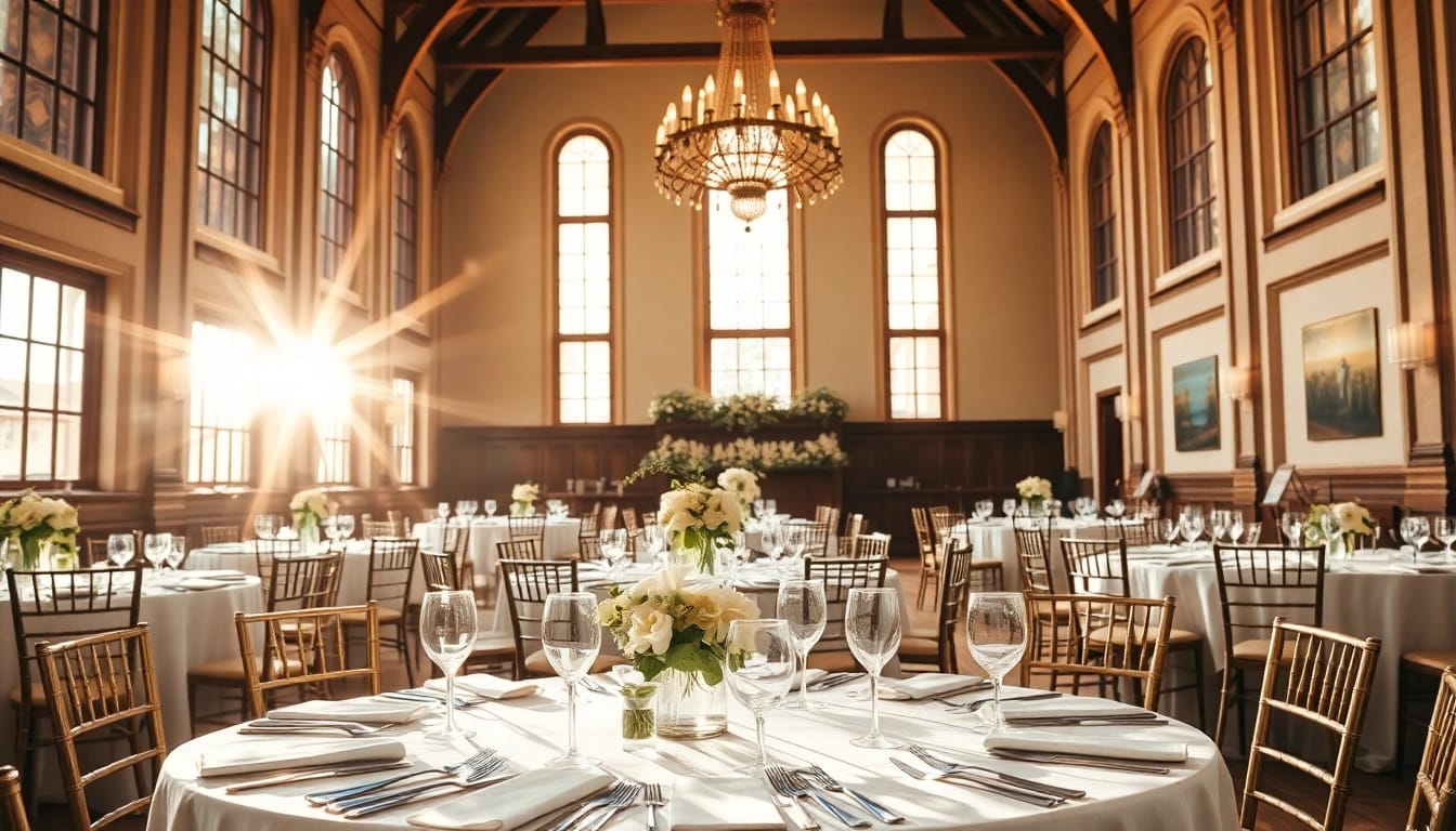 Stunning wedding event space Jacksonville illuminated with floral arrangements and elegant decor.