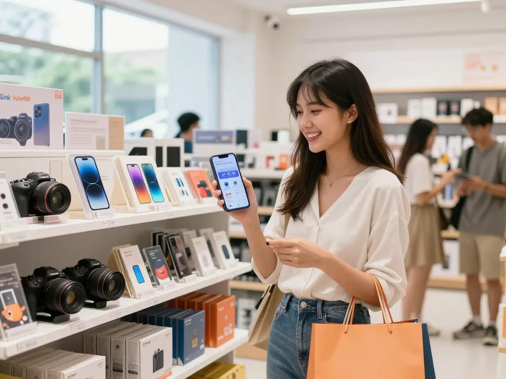 Young woman enjoying shopping while checking Link Hubet88 on her smartphone in a vibrant retail space.