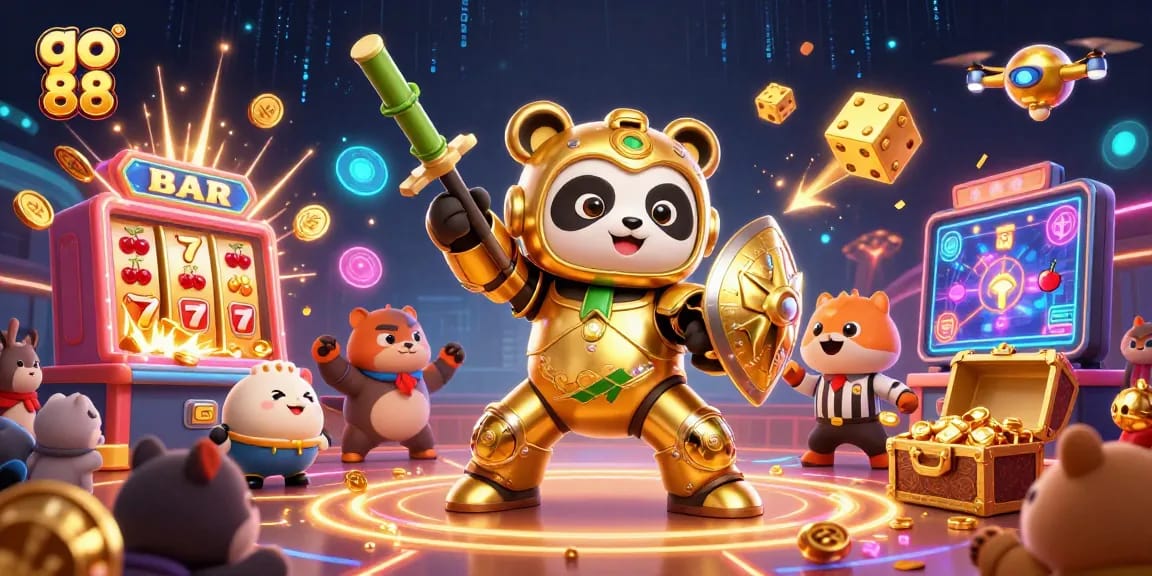 Experience dynamic gaming at go 88 with a golden panda in a thrilling slot machine explosion.