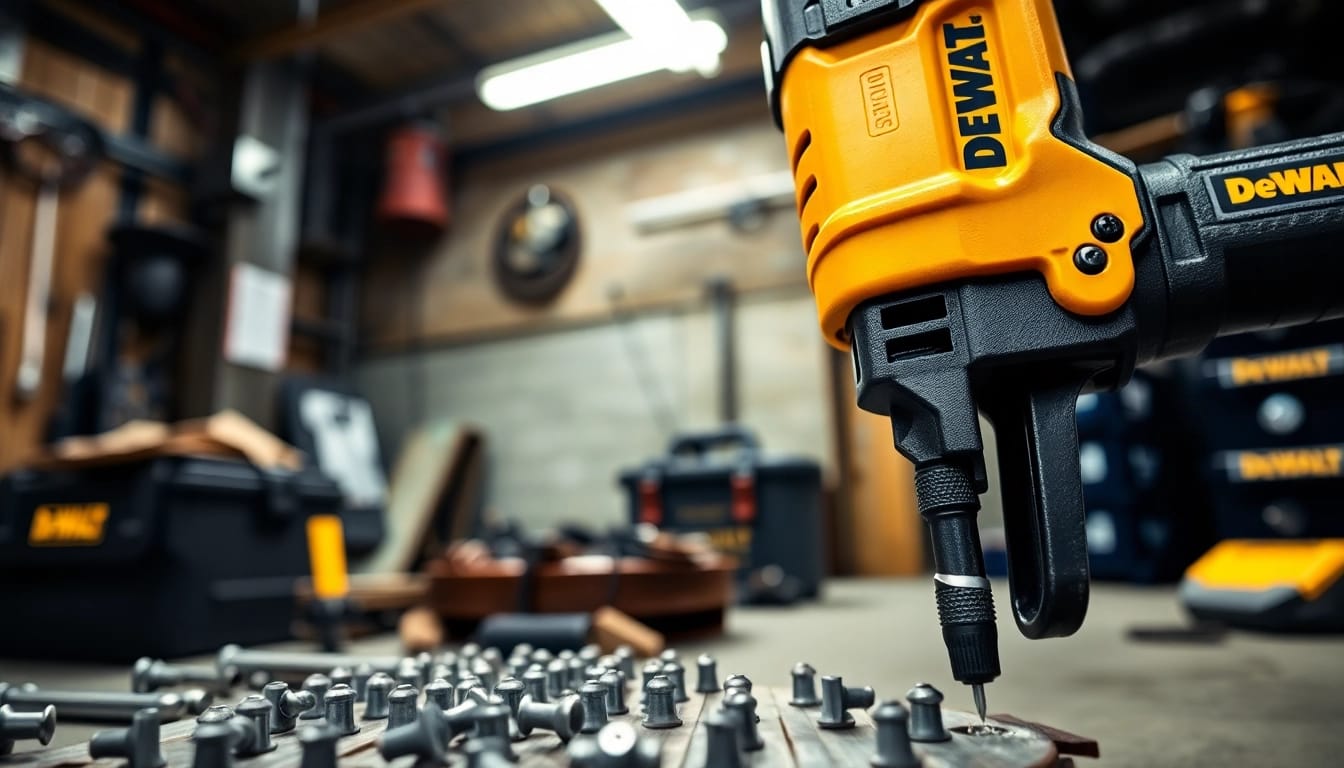The DeWalt rivet gun effortlessly drives rivets into metal, showcasing its precision.