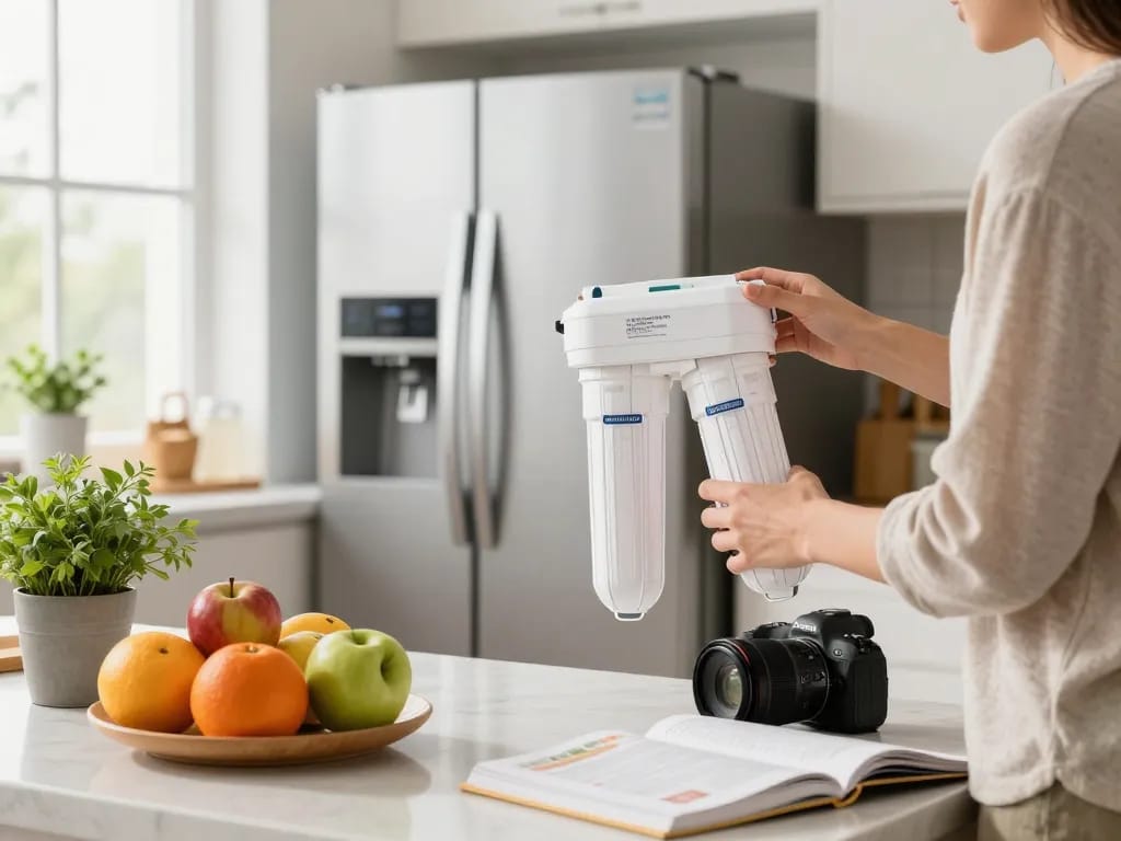 Person replacing the Waterdrop LT1000PC ADQ747935 MDJ64844601 Refrigerator Water Filter in a bright kitchen.