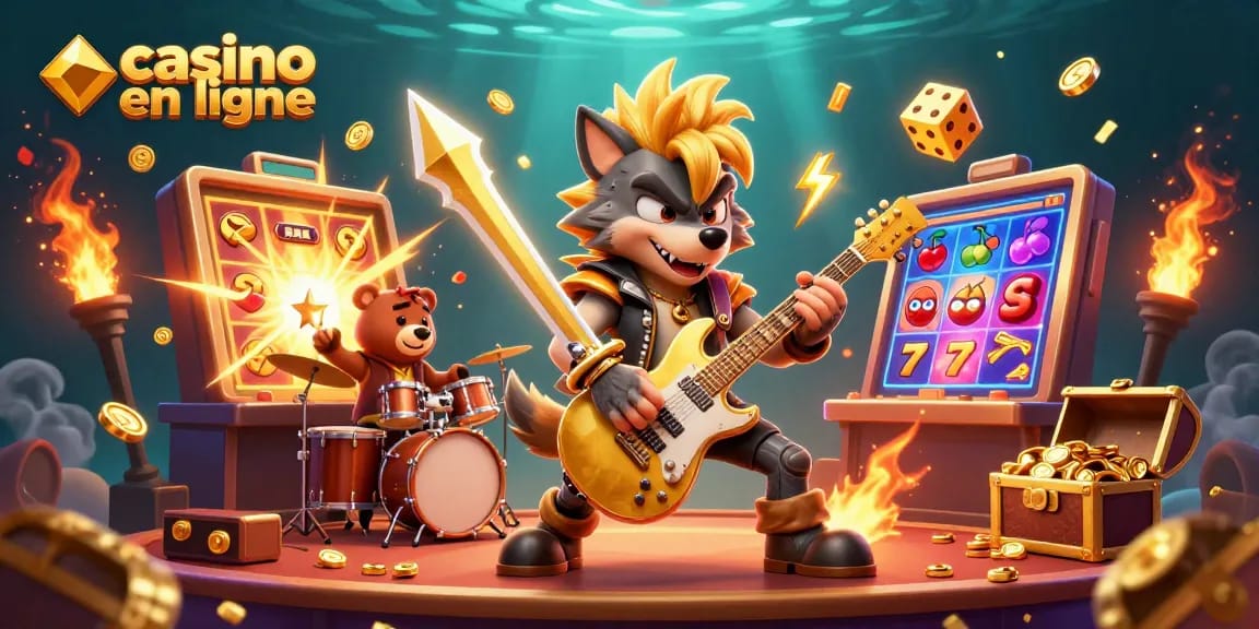 Profitez de l'action des jeux de casino en ligne avec cette illustration énergétique mettant en scène un loup rock star et un ours batteur.