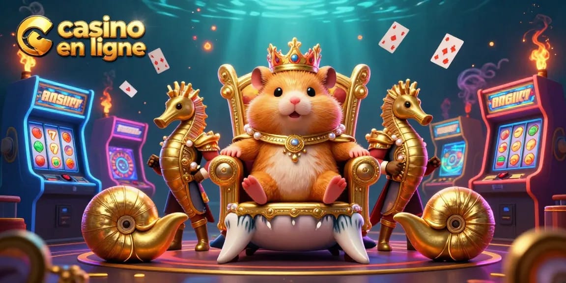 Jouez à casino en ligne avec le roi hamster au trône de requin, jeux colorés et ambiance dynamique.