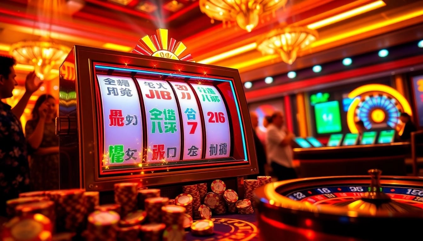 Experience the thrill of a mahjong slot demo with vibrant reels and winning combinations in a lively casino setting.