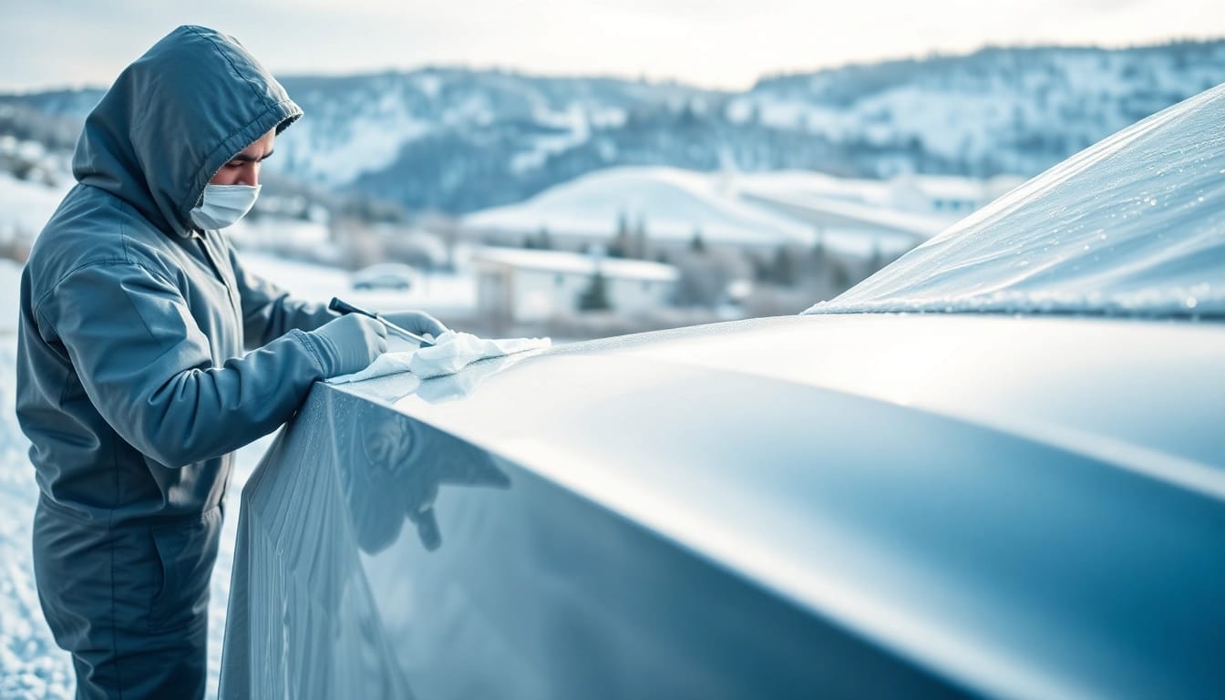 Apply winter car protection Chattanooga expertly on vehicles in a snowy landscape.