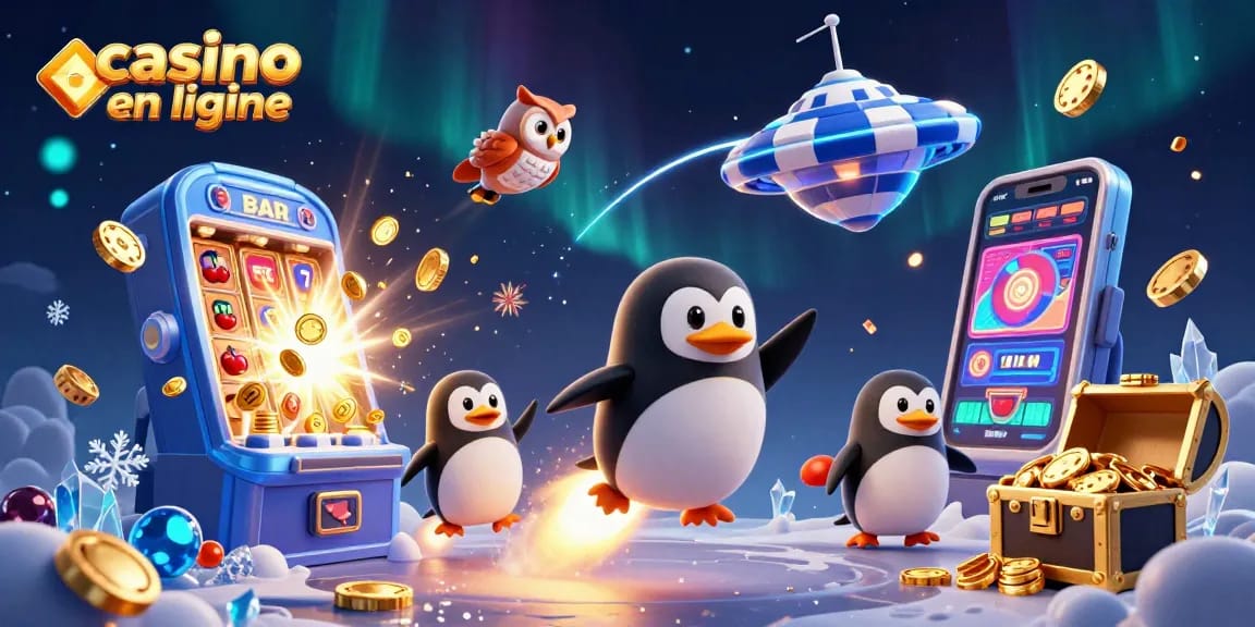 Le casino en ligne dynamique avec un pingouin doré propulsé par des fusées, accompagné de machines à sous et de symboles de jackpot.