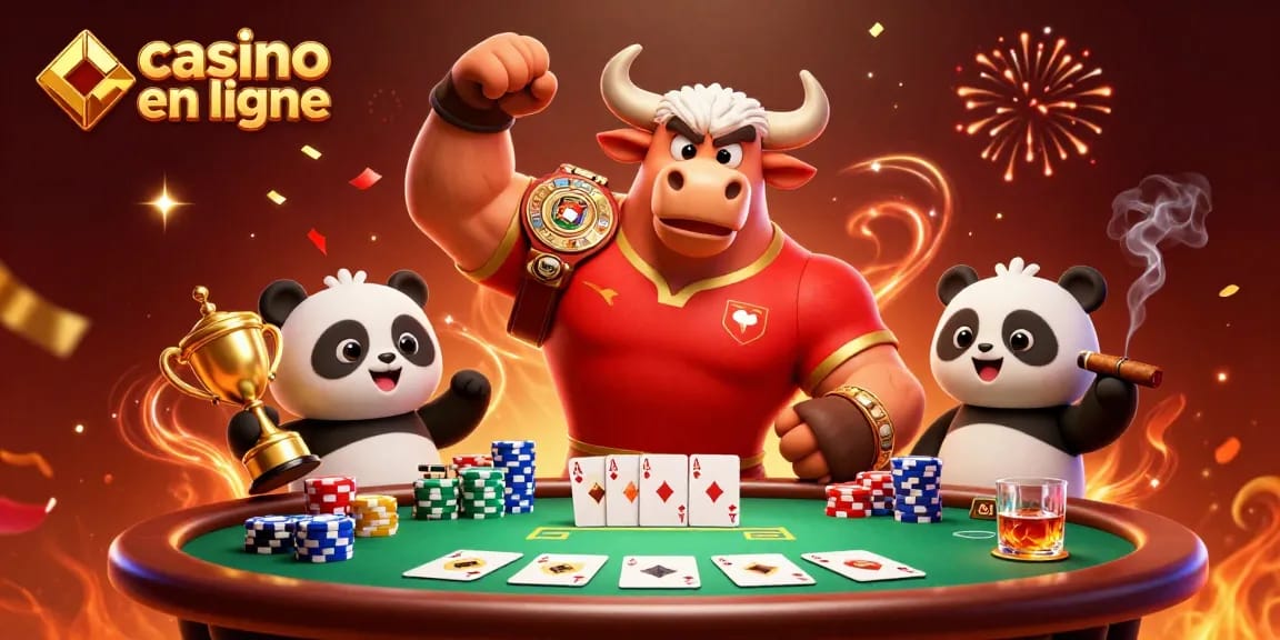 Jouer au casino en ligne : une victoire entourée de jetons et de cartes avec un taureau musclé.