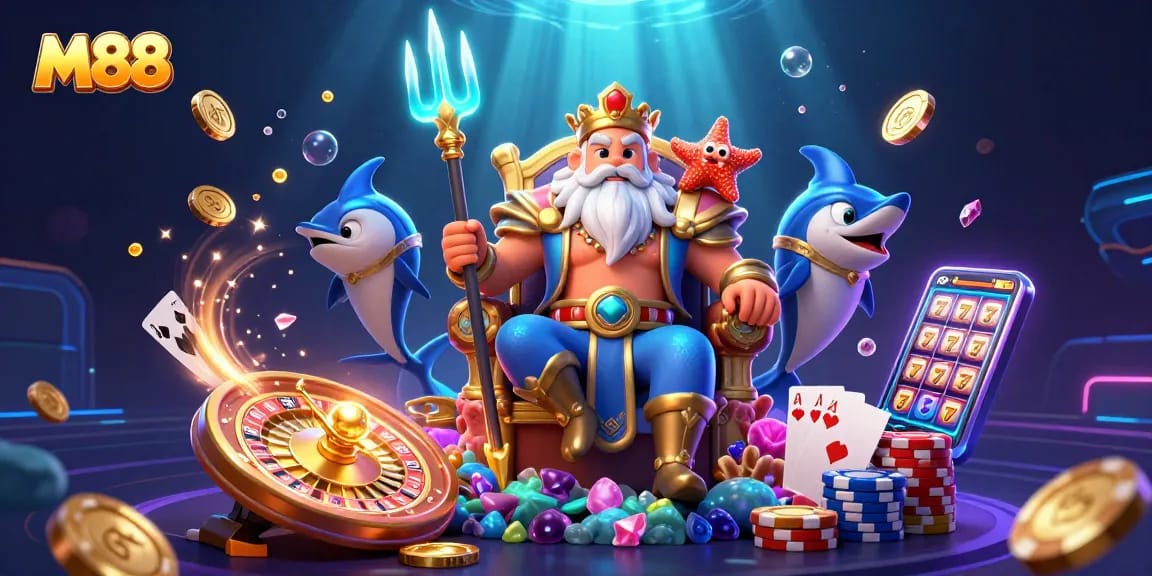 M88 creates a vibrant casino atmosphere with Neptune and treasures showcasing excitement.