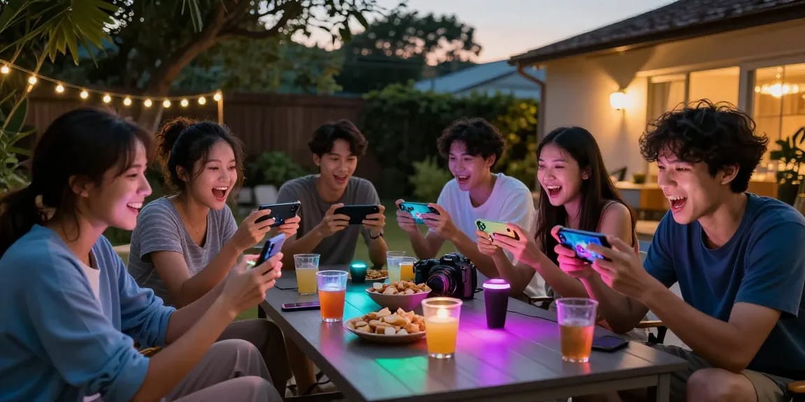 Pengunjung CIPUNG138 menikmati permainan online dengan teman-teman di luar ruangan, suasana ramai dan ceria.