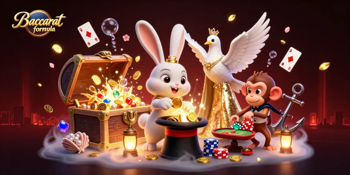 Baccarat formula illustrates a captivating scene with a magician rabbit and a dove amidst casino elements, showcasing a lively game atmosphere.