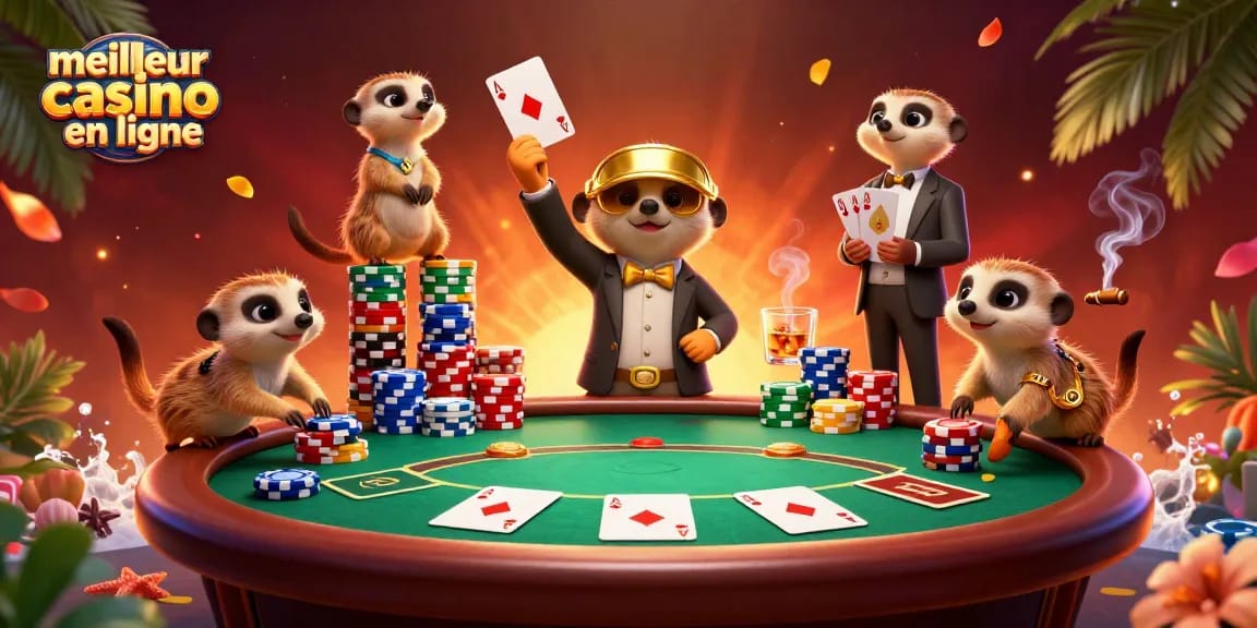 Découvrez le meilleur casino en ligne avec des suricates jouant au poker dans une scène dynamique.