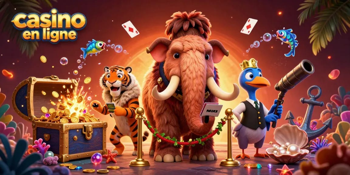 Plonger dans un casino en ligne avec un mammouth gardien, un tigre VIP, et un dodo, entourés de trésors scintillants.