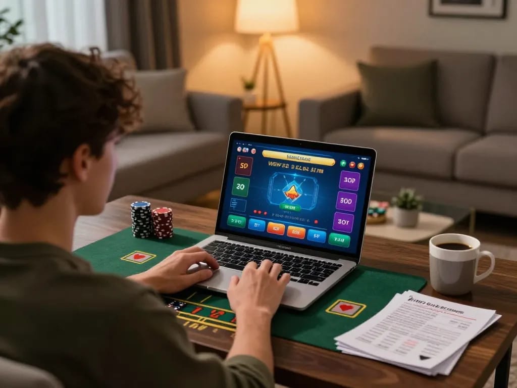 A person enjoying online gaming at home with cm88 com displayed on laptop screen, reflecting a strategic approach to gambling