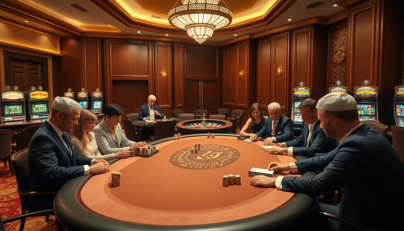 KJC casino scene showcasing elegant poker players and a vibrant atmosphere of excitement.