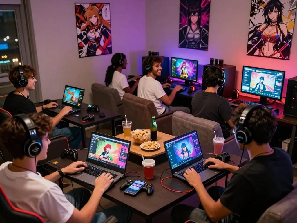 Group enjoying engaging hentai games in a cozy gaming lounge.