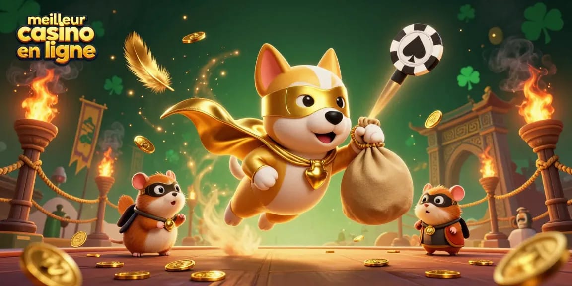 Découvrez le meilleur casino en ligne avec une illustration dynamique d'un chien super-héros et ses amis.