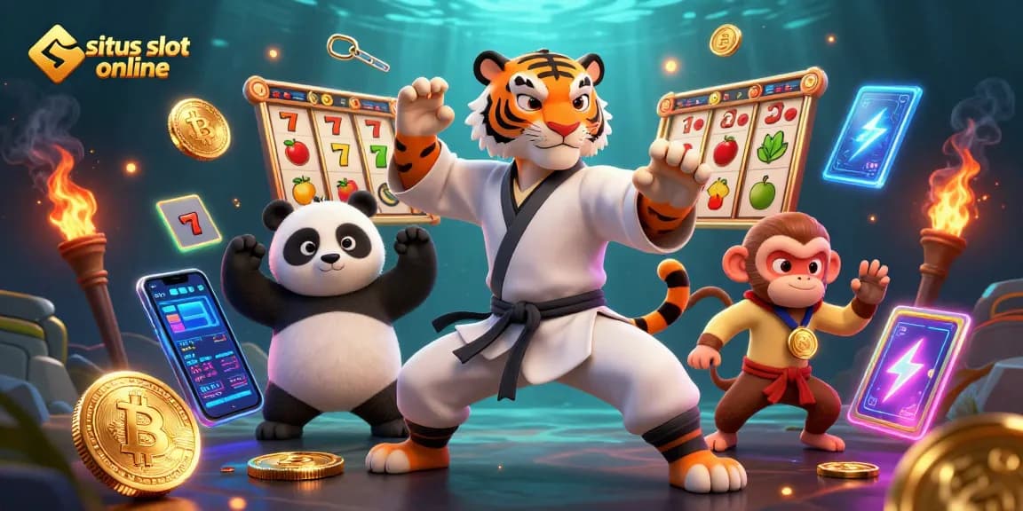 Engage with situs slot online through a vibrant scene filled with slots, lucky symbols, and crypto elements.
