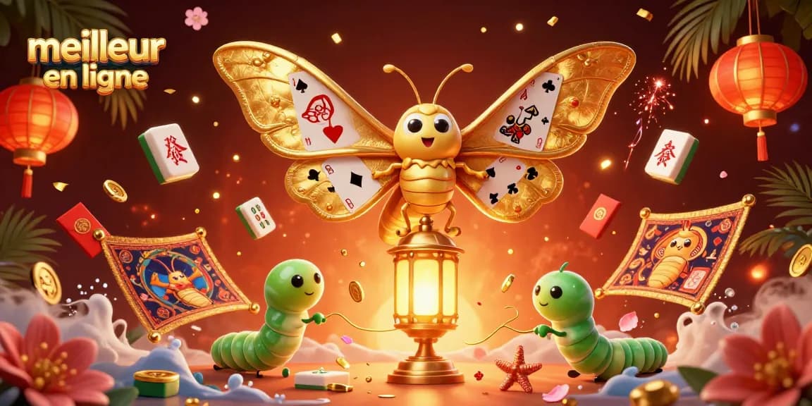 Découvrez le meilleur casino en ligne avec un atlas papillon au design doré, jeux et éléments d'animation.