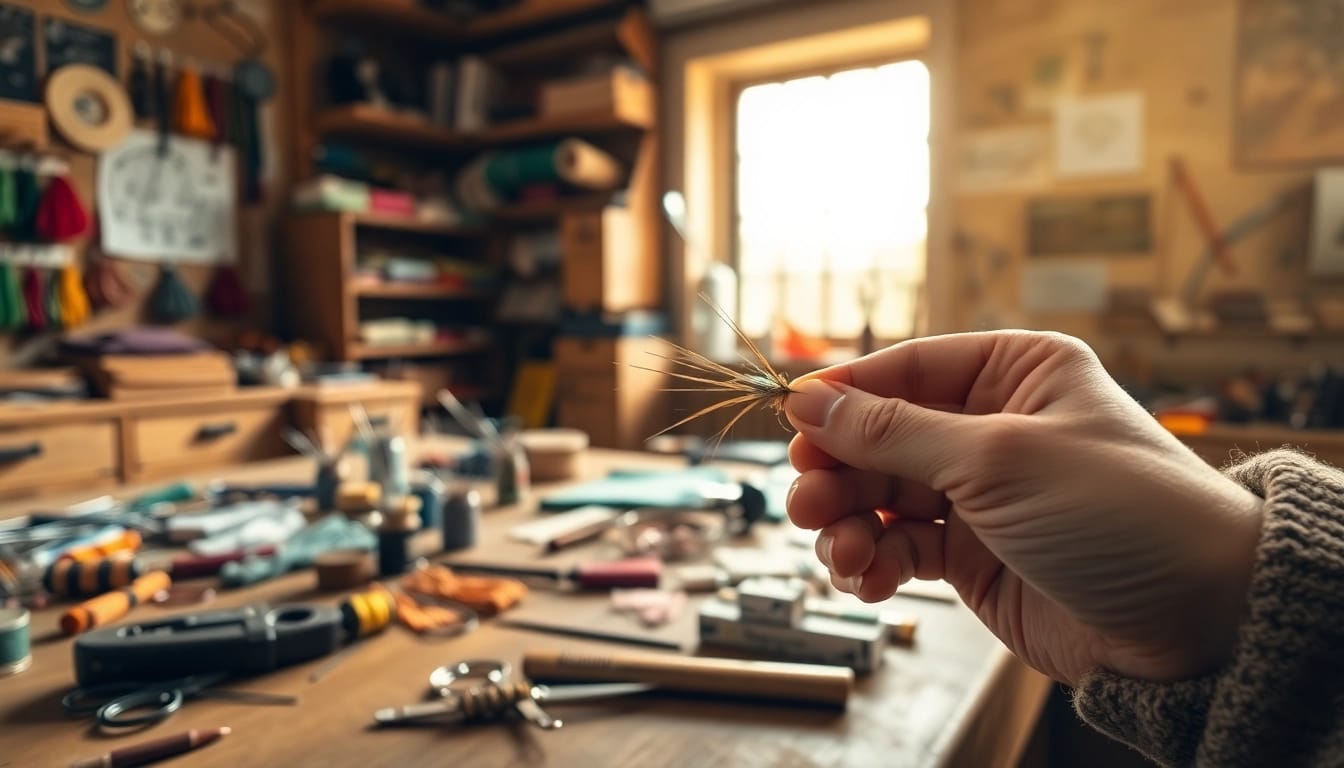 Tying a fly with vibrant materials in a cozy workshop, showcasing the art of fly tying.