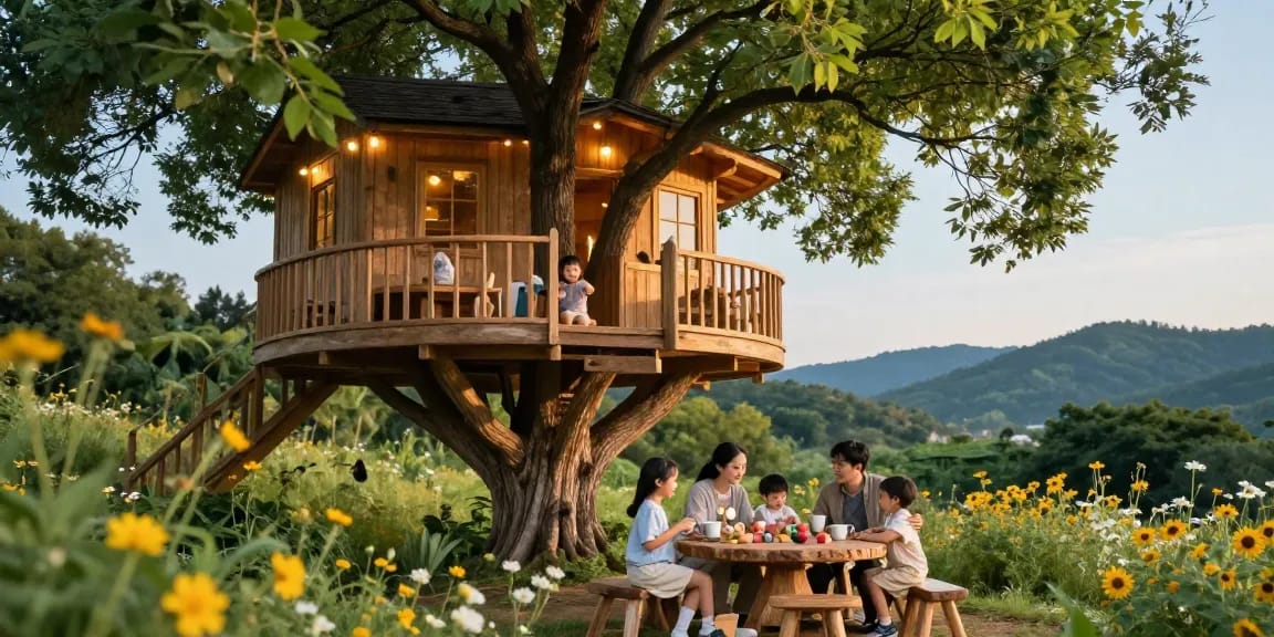 Enjoying treehouses with family in a beautifully designed outdoor gathering surrounded by nature