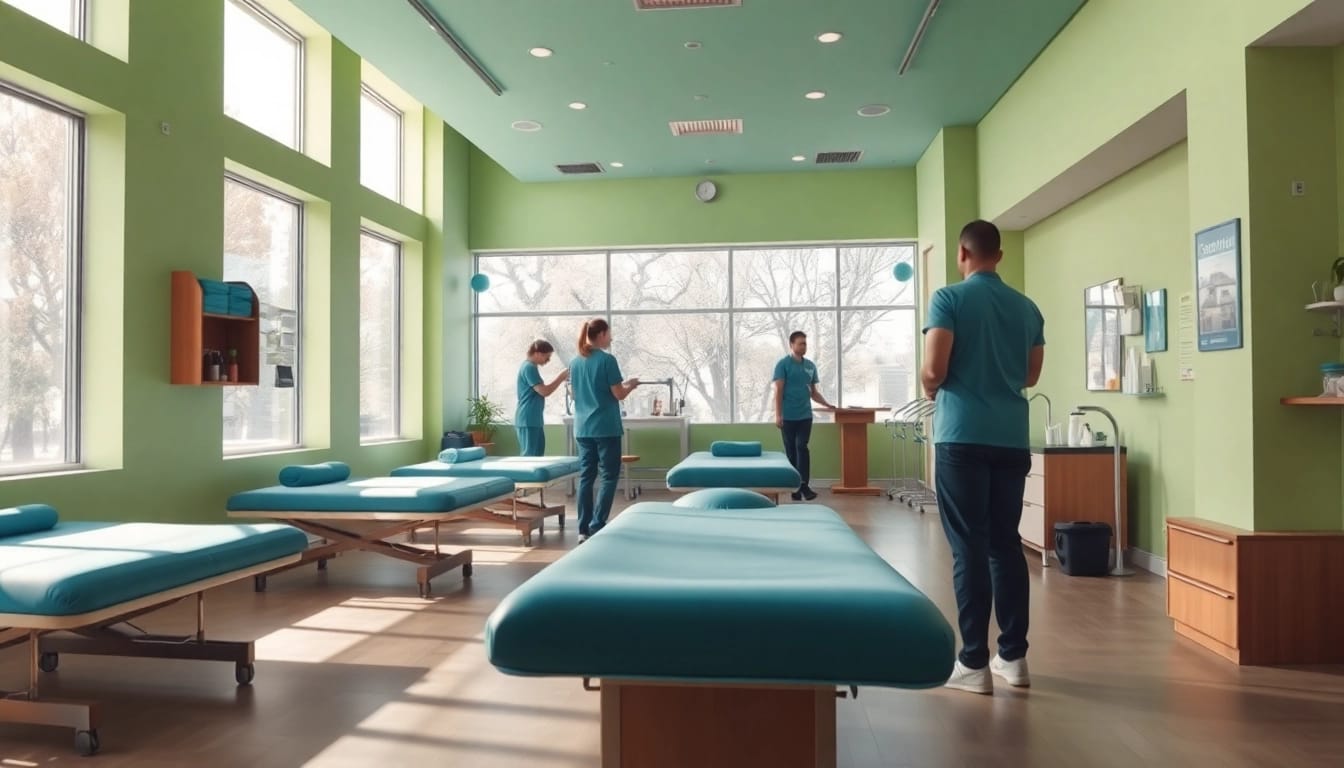 Movenetics physiotherapy room with engaged therapists and patients, designed for healing.