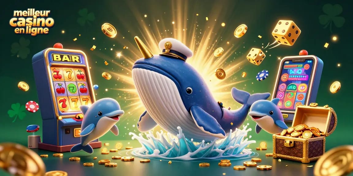 Illustration dynamique du meilleur casino en ligne avec un énorme baleinau et des éléments de jeux.
