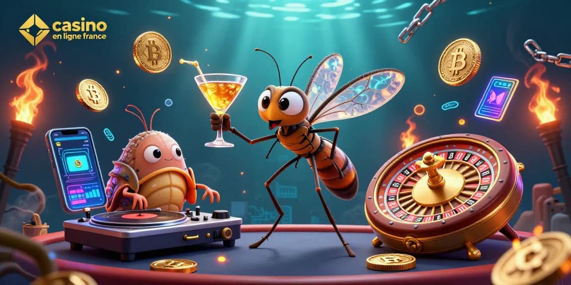 Jouez à un casino en ligne France avec la mascotte moustique et le trilobite DJ dans un monde vibrant.