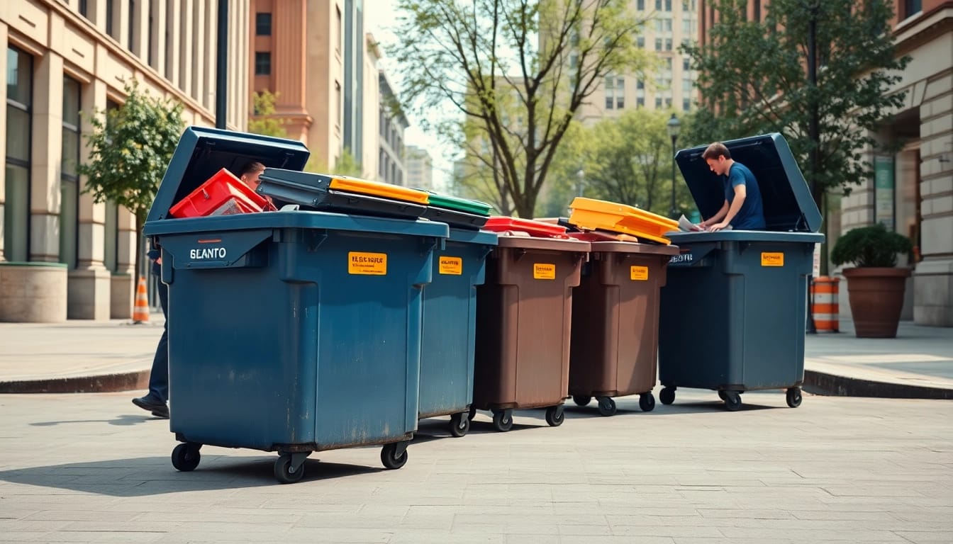 Workers loading garbage removal bins for community cleanup in a busy city.