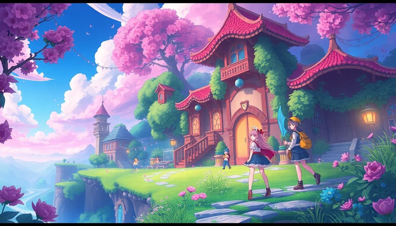 Dynamic scene from a hentai game with colorful anime characters in a fantasy landscape.