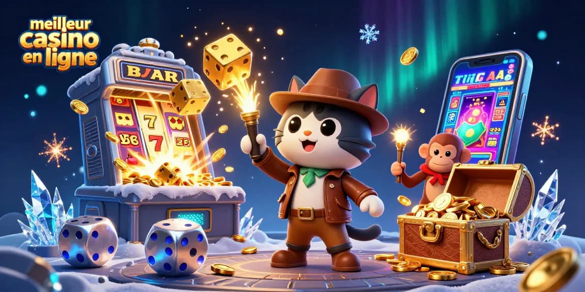 Profitez des jeux au meilleur casino en ligne avec une illustration dynamique d'aventuriers et de jackpots.