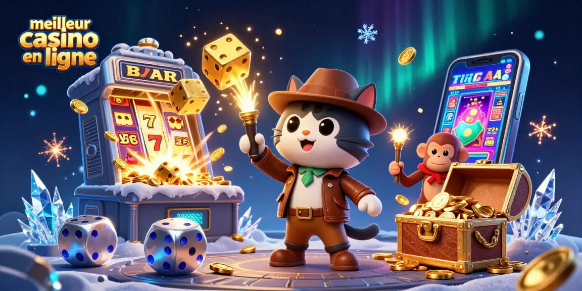 Profitez des jeux au meilleur casino en ligne avec une illustration dynamique d'aventuriers et de jackpots.