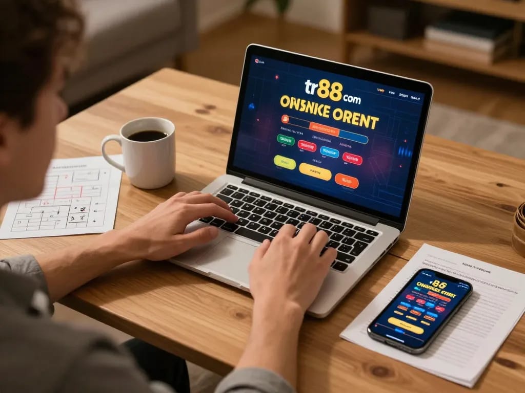 Engaging with online casino gameplay on tr88 com in a cozy home gaming setup.