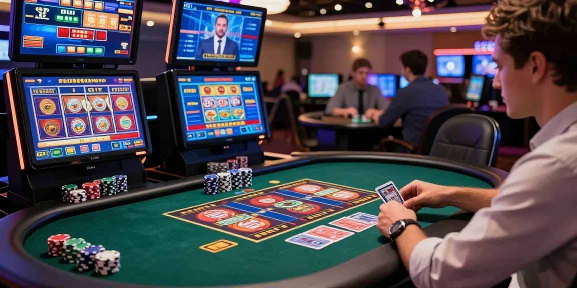 Player engaged in credit card casinos with vibrant gaming ambiance, showcasing excitement and digital interfaces.
