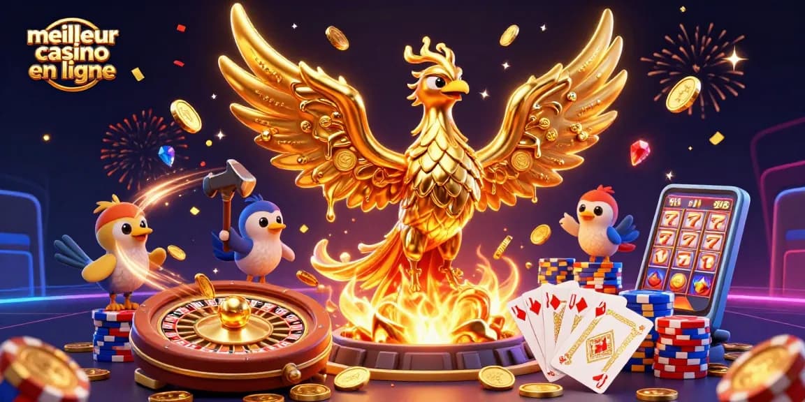Profitez du meilleur casino en ligne avec cette illustration dynamique de phénix doré et assistants.