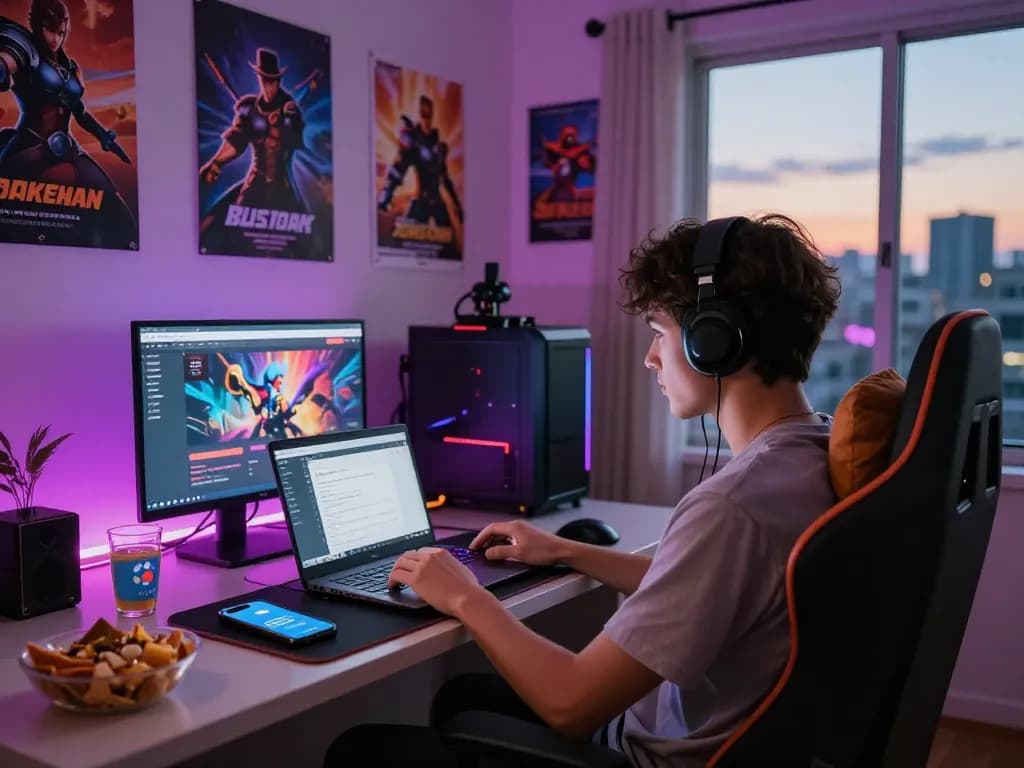 Engaged player enjoying porn games online in a vibrant gaming room atmosphere.