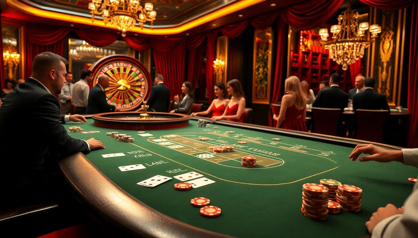 Découvrez l'excitation d'un casino fiable en ligne avec des jetons colorés et des croupiers se préparant pour la prochaine partie.