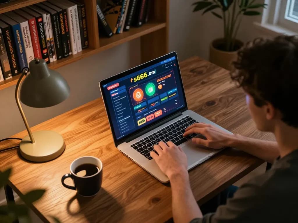 Player engaging with the s666-bm online casino interface on a laptop, showcasing responsible gaming.