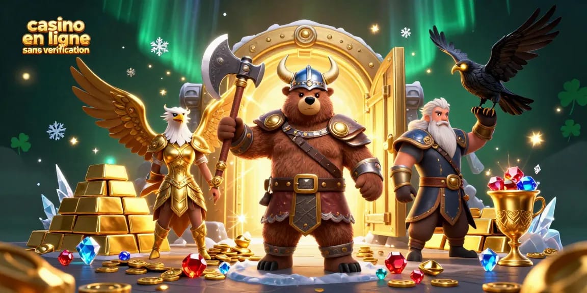 Déposez et jouez dans un casino en ligne sans vérification, avec des personnages de vikings et des trésors scintillants.