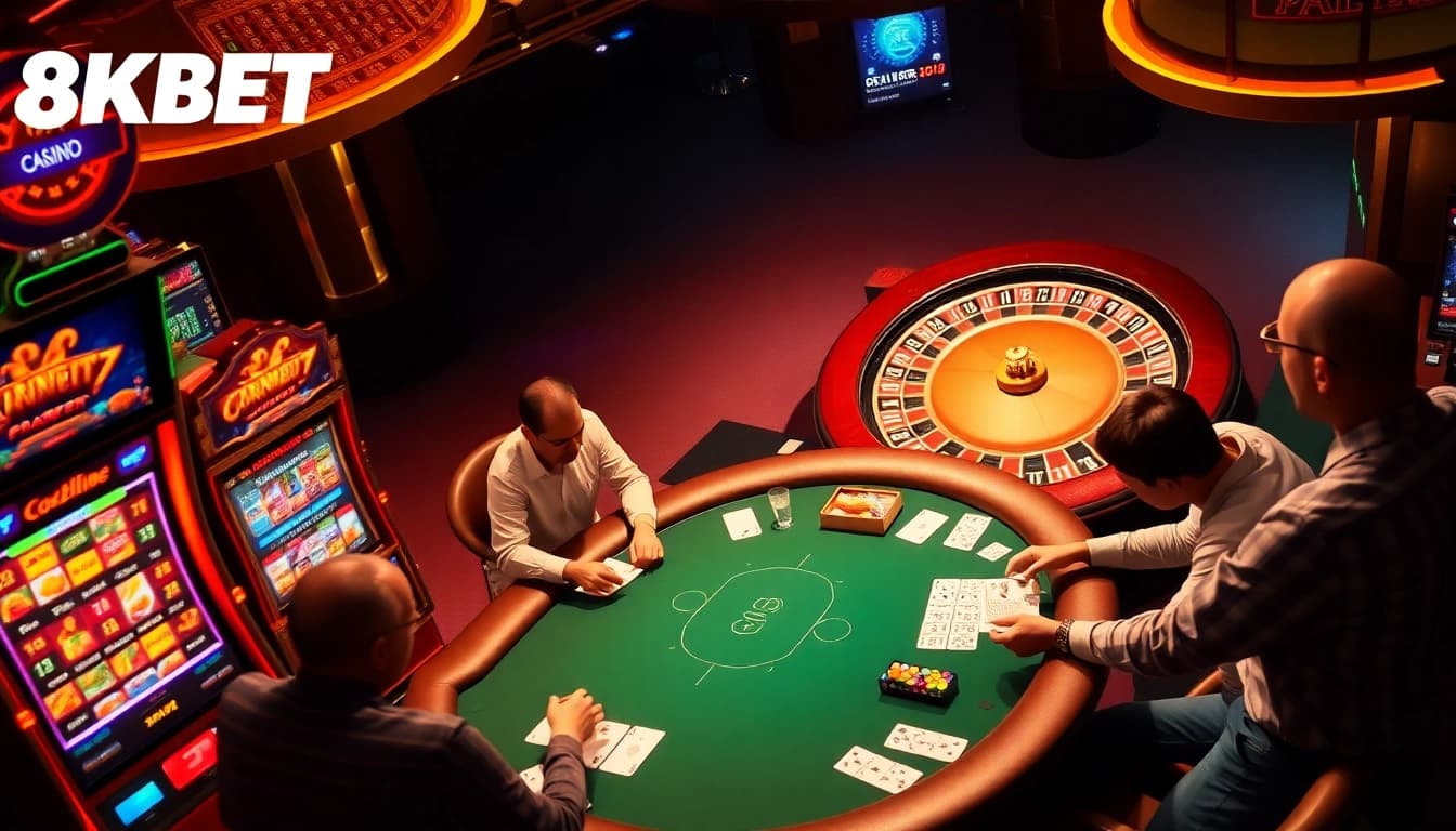 Experience the excitement of 8KBET with dynamic casino visuals showcasing poker, slots, and roulette.