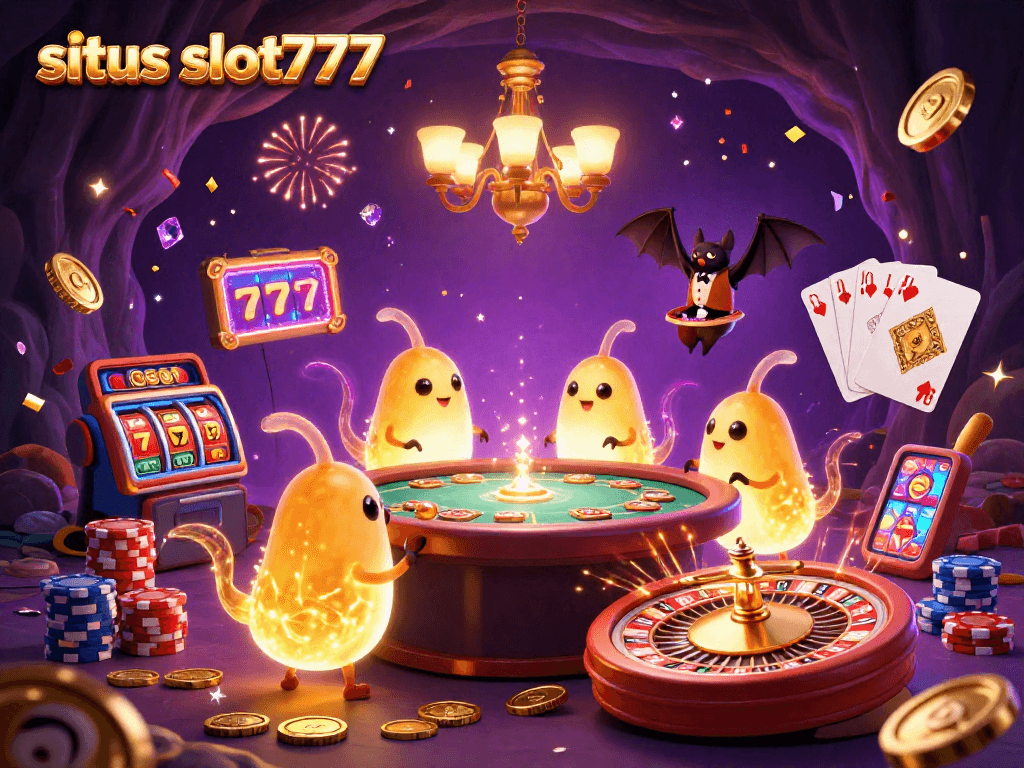 Sparking gems and coins cascade around the glowing glowworms in the situs slot777 online casino illustration.