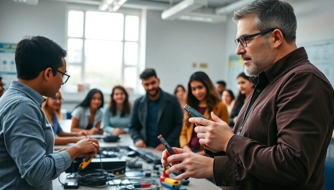 Hands-on low voltage training session with students engaged in activities.