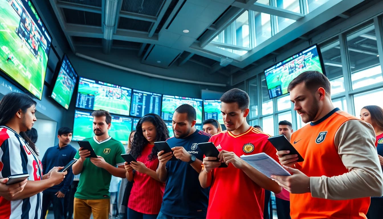 Engaging sports betting scene showcasing diverse bettors analyzing odds and stats on sports betting sites India.