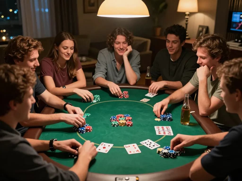Engaged friends enjoying a competitive poker night at home using tg88-bm for enhanced gaming experience.