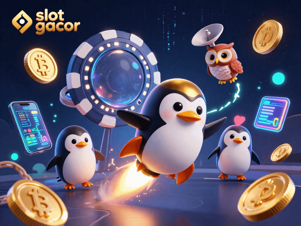 Slot gacor penguin berenergi roket meriahkan suasana kasino luar angkasa yang megah.