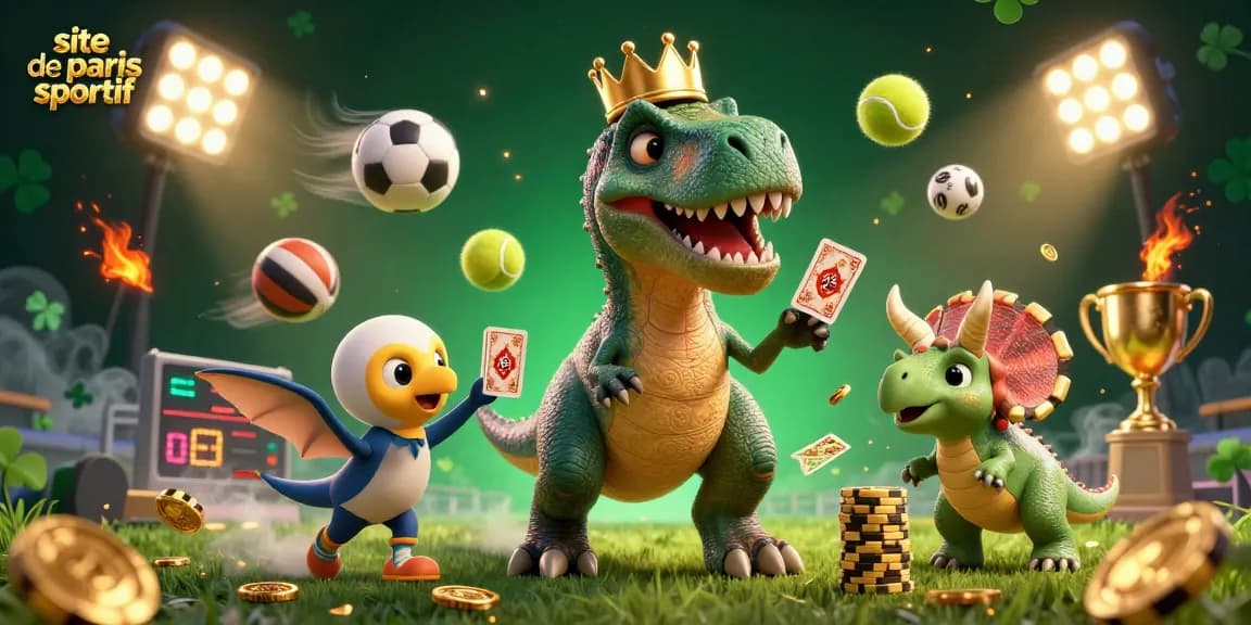 Visualisez un paysage de paris sportif captivant avec un T-Rex, assistant pterodactyle et triceratops, mêlant sport et jeux d'argent.