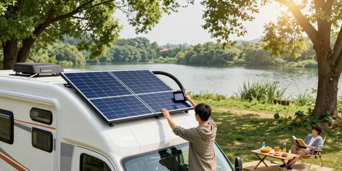 Flexible solar panel setup on RV near lake, showcasing outdoor adventure and sustainable energy use.