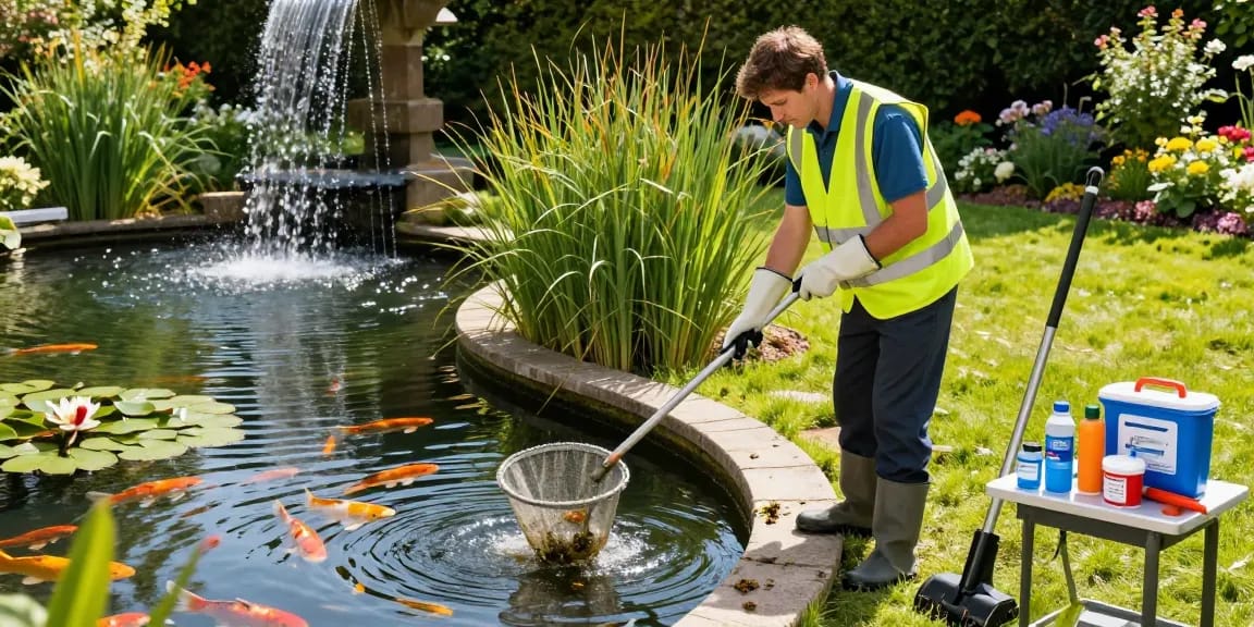 Pond Clean Essex - Professional pond cleaning service in action, ensuring a pristine garden pond.