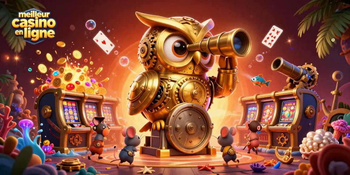 Venez découvrir le meilleur casino en ligne avec une scène animée de machines à sous et personnages détaillés.