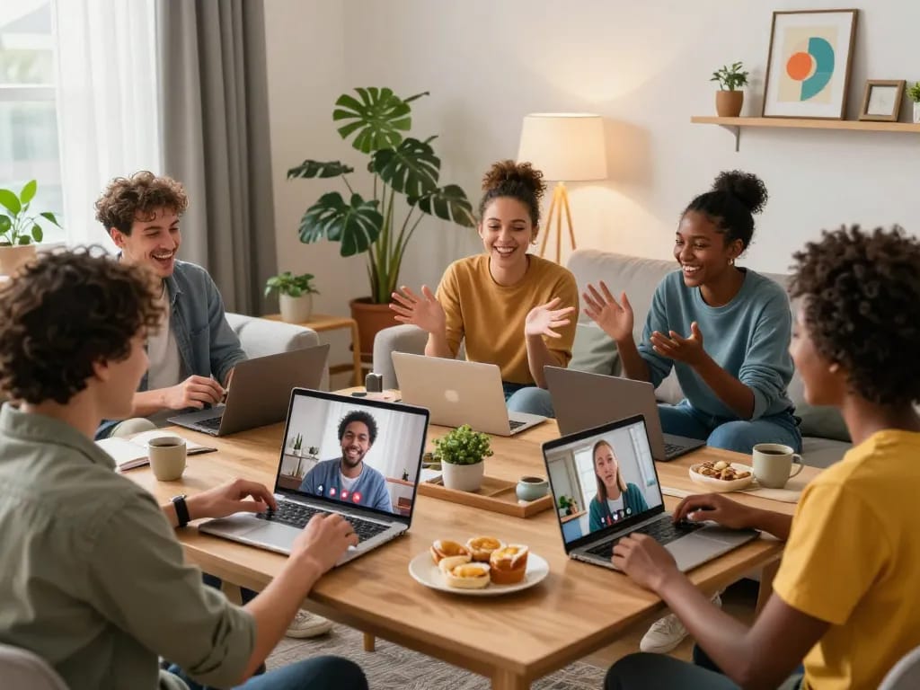 Engaging video chat among friends discussing ia +18 topics in vibrant home settings.