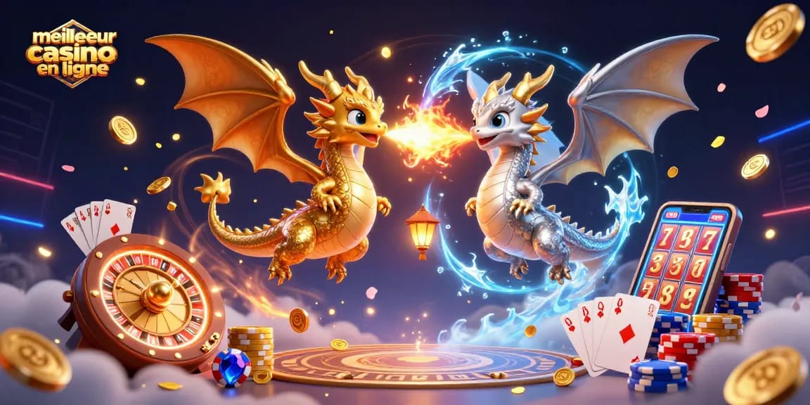Jouez sur le meilleur casino en ligne avec l'illustration de dragons 3D entourés d'éléments de jeu captivants.